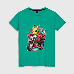 Женская футболка Пикачу мчится на мотоцикле
