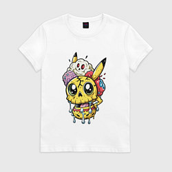 Футболка хлопковая женская Пикачу треснутый зомби, цвет: белый