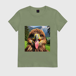 Футболка хлопковая женская Забавный орел с высунутым языком в горах, цвет: авокадо