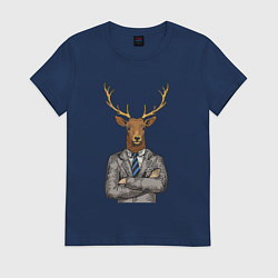 Футболка хлопковая женская Олень босс, цвет: тёмно-синий