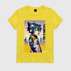Футболка хлопковая женская Kitten girl - cyberpunk, цвет: желтый