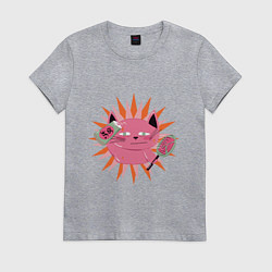 Футболка хлопковая женская Розовый летний кот, цвет: меланж