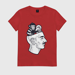Футболка хлопковая женская Обезьяна в голове, цвет: красный