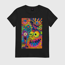 Футболка хлопковая женская Психоделические лица, цвет: черный