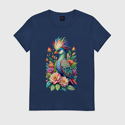Футболка хлопковая женская Голубая птица с хохолком среди цветов, цвет: тёмно-синий