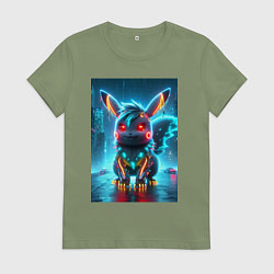 Футболка хлопковая женская Cyber Pikachu in the neon metropolis - ai art, цвет: авокадо