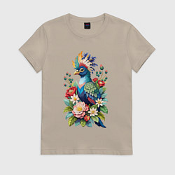 Футболка хлопковая женская Красивая птица турако среди цветов, цвет: миндальный