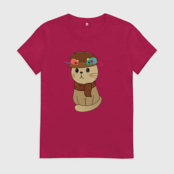 Футболка хлопковая женская Милый котик в кепке и с шарфиком - художник, цвет: маджента