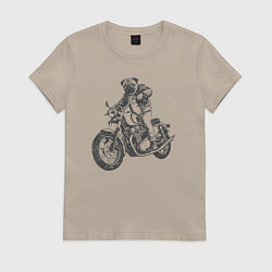 Футболка хлопковая женская Мопс байкер на мотоцикле чоппере, цвет: миндальный