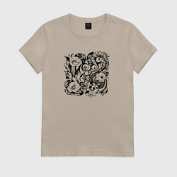 Футболка хлопковая женская Современная абстрактная природа и цветы, цвет: миндальный