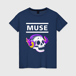 Футболка хлопковая женская Muse - неоновый череп, цвет: тёмно-синий