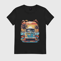 Футболка хлопковая женская Фольксваген на восходе солнца ретро, цвет: черный