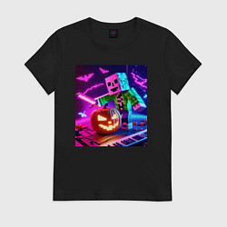 Футболка хлопковая женская Хэллоуин и Майнкрафт - коллаба, цвет: черный