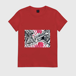 Футболка хлопковая женская Скетч архитектуры - акварельная абстракция, цвет: красный