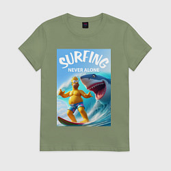Футболка хлопковая женская Homer Simpson and shark - surfing never alone, цвет: авокадо