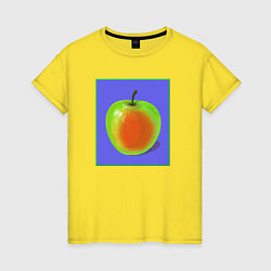 Футболка хлопковая женская Яблоко на фиолетовом фоне - pop art, цвет: желтый