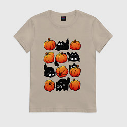 Футболка хлопковая женская Котики и тыквы, цвет: миндальный