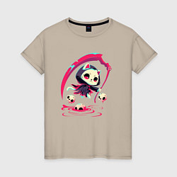 Футболка хлопковая женская Котик с косой, цвет: миндальный