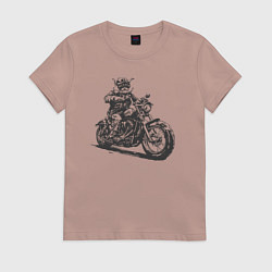 Футболка хлопковая женская Мейн-кун байкер на мотоцикле чоппере кот, цвет: пыльно-розовый