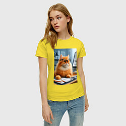 Футболка хлопковая женская Рыжий кот дизайнер - нейроарт, цвет: желтый — фото 2
