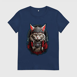 Футболка хлопковая женская Кот викинг, цвет: тёмно-синий