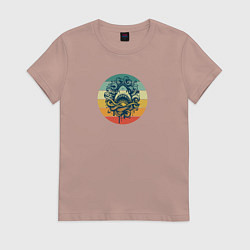 Футболка хлопковая женская Акула в волнах на фоне полосок, цвет: пыльно-розовый