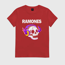 Футболка хлопковая женская Ramones - неоновый череп, цвет: красный