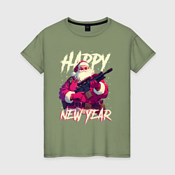 Футболка хлопковая женская Happy New Year Santa Claus with weapon, цвет: авокадо