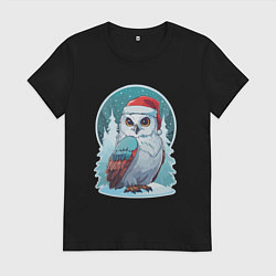 Футболка хлопковая женская Полярная сова на фоне зимнего леса, цвет: черный