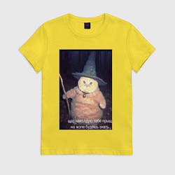 Футболка хлопковая женская Магический мяв кот-мем колдун, цвет: желтый