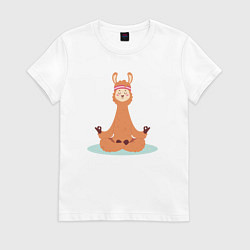 Футболка хлопковая женская Лама в позе лотоса занимается йогой, цвет: белый