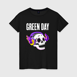 Футболка хлопковая женская Green Day - неоновый череп, цвет: черный