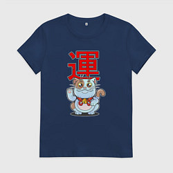 Футболка хлопковая женская Кот на удачу, цвет: тёмно-синий