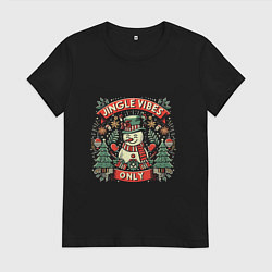 Футболка хлопковая женская Новогодний снеговик, цвет: черный