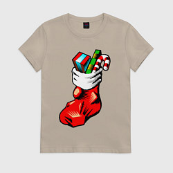 Футболка хлопковая женская Рождественский чулок, цвет: миндальный