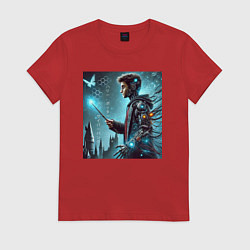 Футболка хлопковая женская Harry Potter with a magic wand - cyberpunk, цвет: красный