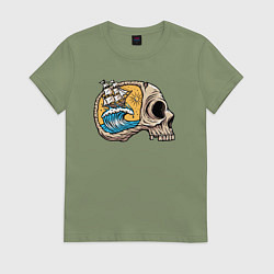 Футболка хлопковая женская Кораблик в черепке, цвет: авокадо