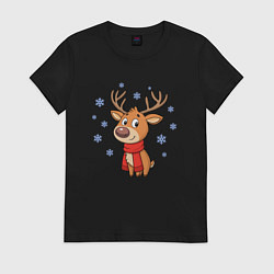 Футболка хлопковая женская Олень и снежинки, цвет: черный