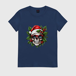 Футболка хлопковая женская Рождественский венок с черепом, цвет: тёмно-синий