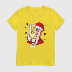 Футболка хлопковая женская Счастливый дед мороз с шампанским, цвет: желтый
