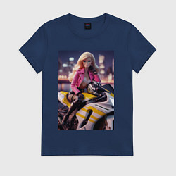 Футболка хлопковая женская Barbie on a Kawasaki sports motorcycle, цвет: тёмно-синий