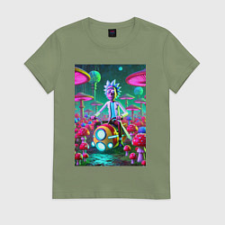 Футболка хлопковая женская Рик на космическом мотоцикле - нейроарт, цвет: авокадо