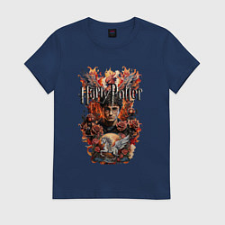Футболка хлопковая женская Гарри Поттер на фоне феникса и пегаса, цвет: тёмно-синий