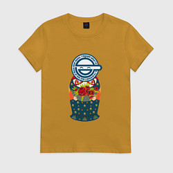 Футболка хлопковая женская Матрёшка смеющийся человек, цвет: горчичный