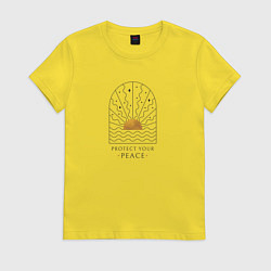 Футболка хлопковая женская Эмблема с солнцем в стиле бохо с надписью, цвет: желтый