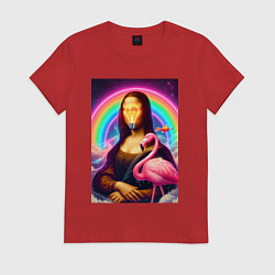 Футболка хлопковая женская Мона Лиза - лампочка и розовый фламинго, цвет: красный