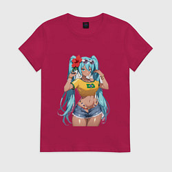 Футболка хлопковая женская Miku Hatsune с цветком, цвет: маджента
