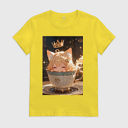 Футболка хлопковая женская Кошечка с короной в чашке, цвет: желтый