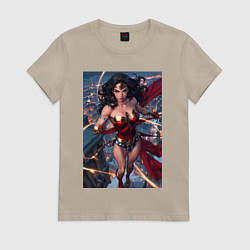 Футболка хлопковая женская Чудо-женщина на крыше с городским фоном, цвет: миндальный