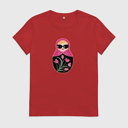 Футболка хлопковая женская Матрёшка с розовыми тюльпанами, цвет: красный